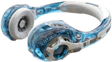 Futuristic transparent headphones featuring advanced blue light technology and modern design elements for digital audio experiences