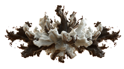 Chocolate and milk liquid explosion creating abstract dynamic splash with swirling brown and white colors