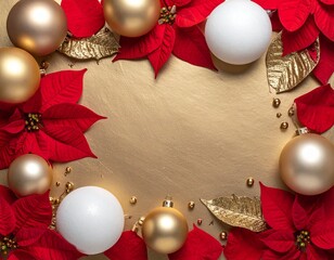 Festive Christmas Frame with Golden Ornaments and Vibrant Red Poinsettias on a Luxurious Gilded Background for Holiday Greetings