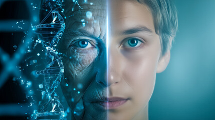Gradual transformation of a young man face into an old face, overlaid with a glowing DNA helix. Concept of aging, genetics, and healthcare.