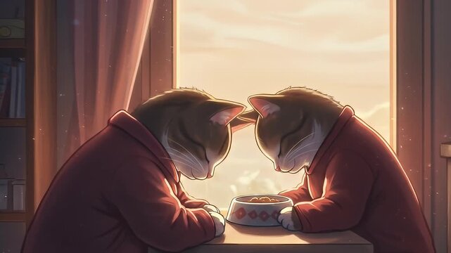 Two cats in cozy sweaters sit at a table, gazing at each other with a warm sunset backdrop
