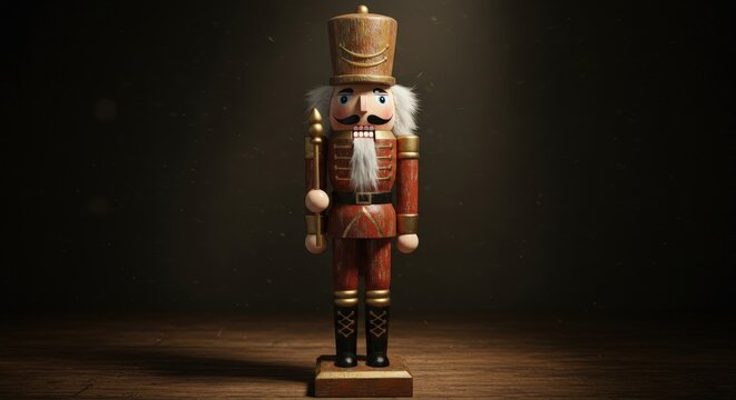 A classic wooden nutcracker king soldier standing tall in an elegant.