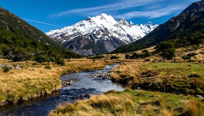 Scenic vista featuring a mountain range, river, valley, clear sky, and lush greenery