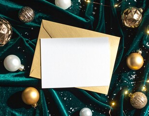 Blank greeting card with golden envelope surrounded by Christmas ornaments and fairy lights on a dark green velvet surface