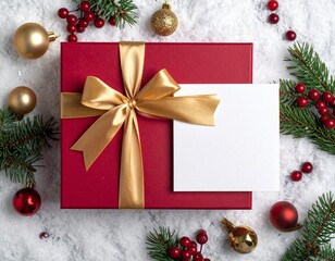 Elegant Holiday Surprise A Rich Red Gift Box with Golden Bow and Blank Card on Snowy Background, Surrounded by Festive Christmas Decorations