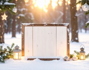 Blank wooden sign in a magical snow-covered winter forest with glowing lanterns and festive Christmas decorations, bathed in warm golden sunlight