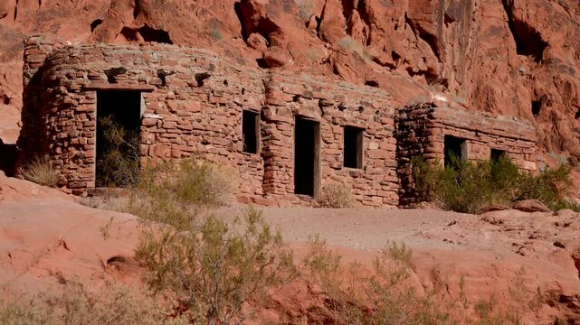 Cabins built of red rock in the 1930s by the Civilian Conservation Corps Valley of Fire State Park in Clark County, Nevada