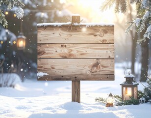 Empty wooden signpost in a magical winter forest with soft snow, twinkling lights, and a warm glow, perfect for holiday greetings or a festive message background