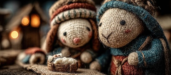 Knitted figures of an event with a manger; warm lighting