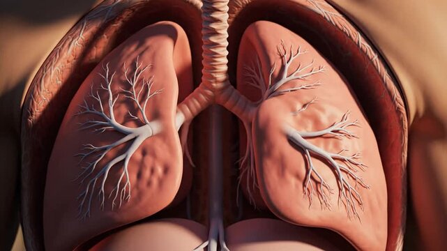 Human lungs anatomy, detailed illustration. Respiratory system, lung structure. Bronchi and trachea visible. Internal organs, chest cavity. Medical education, healthcare concept. 3D rendering,