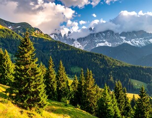 Scenic mountain range, featuring lush green forests, snow-capped peaks, and dramatic sky