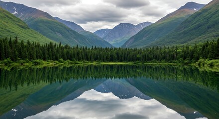 Scenic mountain range framing a serene lake with pristine reflection of surrounding trees and overcast sky