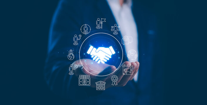 Digital partnership agreement concept. Business handshake icon by service, finance, quality, global, and innovation keywords symbolizes trust, growth, and future success in the corporate network.