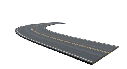Rendered curved road on a solid white background, with center and side markings
