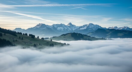 Scenic mountain range, partially covered in snow, rising above a sea of clouds, clear blue sky