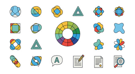 Collection of Abstract Geometric Shapes and Color Wheel Icons.