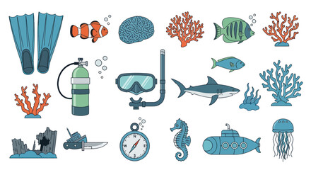 Collection of Colorful Underwater Sea Life and Diving Equipment. © Abang