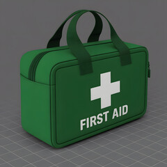 First Aid Kit Essentials: A close-up view of a green first aid kit, with a white cross and FIRST AID printed prominently, symbolizing safety and care. It's a visual reminder of preparedness. 