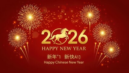Golden 2026 chinese new year greeting with fireworks and the zodiac animal the horse on a festive red background