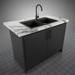 Sleek Kitchen Island: A modern kitchen island featuring a sophisticated design, highlighted by a marble countertop and a contrasting black double sink and faucet.