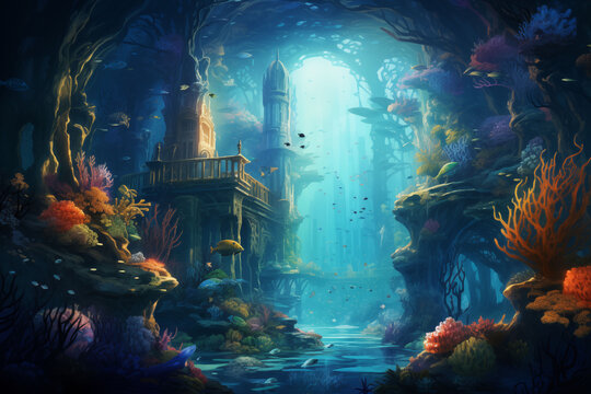 A breathtaking underwater fantasy kingdom with shimmering lights.