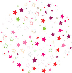 Vibrant Glowing Stars Cluster on Black Background: Abstract Spherical Design with Pink, Red, Green, and Purple Hues