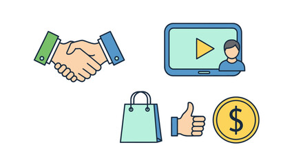 Business and Digital Marketing Icons Set with Handshake Video Shopping Like and Money.