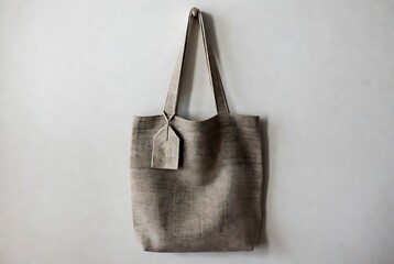 Minimalist Gray Tote Bag Hanging on a White Wall.