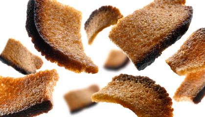 Rye croutons levitate on a white background