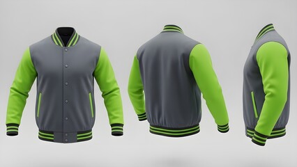 High-detail 3D mockup varsity jacket on tall fit male build, front side back in one composition, slate gray body with neon green sleeves, unbranded