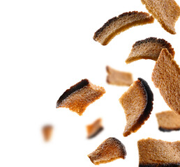 Rye croutons levitate on a white background