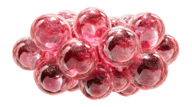 Group of translucent pink and red spheres with shiny reflections, showing internal sparkles. Abstract scientific concept - Powered by Adobe