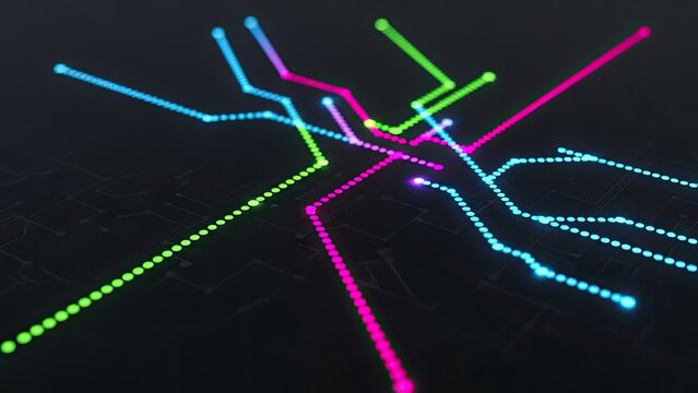 Vibrant neon data streams pulse across a dark futuristic circuit board suggesting global network connectivity and technology flow - Powered by Adobe
