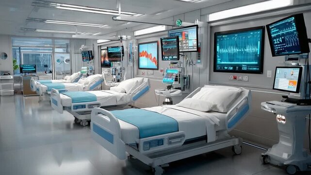 Hospital Room: A sterile and modern hospital room is meticulously designed with a row of beds, monitors, and medical equipment