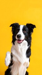 Fototapeta premium Black and white dog raising its paw against a bright yellow background