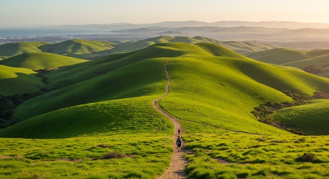 Scenic vista of rolling green hills with a winding path leading to the distant horizon - Powered by Adobe