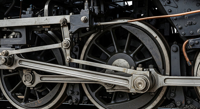 Vintage black steam locomotive engine wheels on old railway track