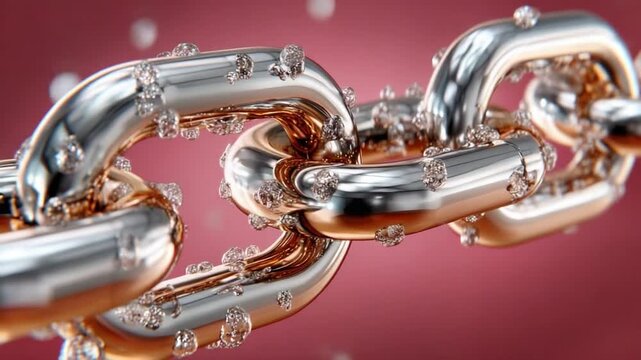 Interconnected Strength: A close-up view of a robust metallic chain, its links gleaming with a lustrous shine, symbolizes unity, connectivity, and the unbreakable bonds of strength and resilience.