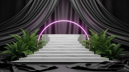Illustration of elegant marble staircase with neon arch and green fern plants on dark stage background