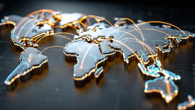 Global Connections: Illuminating the world, network lines radiate across continents, symbolizing global collaboration, communication, and connectivity across diverse nations.