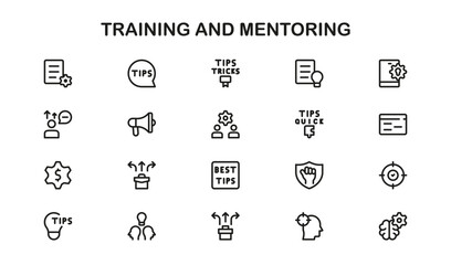 Training and Mentoring Line Icon Pack. Contemporary business education symbols for coaching, teaching, and professional development