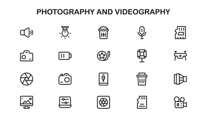 Photography and videography professional line icon set, modern vector collection featuring cameras, tripods, lighting, editing tools, and multimedia