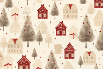 Seamless pattern with Christmas tree and gift boxes