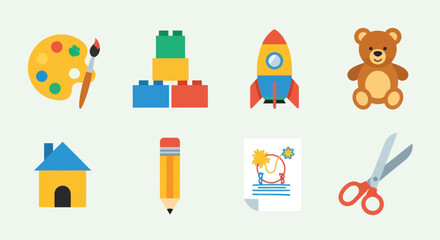 Collection of colorful childrens toys and art supplies icons.