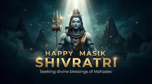 Lord shiva meditating in blue light on happy masik shivratri - Powered by Adobe