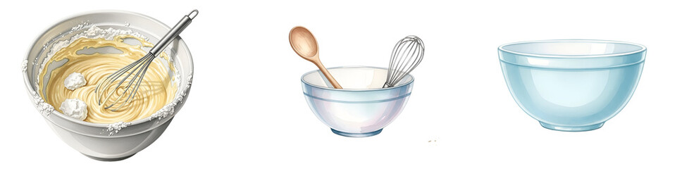 Three mixing bowls with batter, wooden spoon, and whisk are displayed on a simple setting on transparent background