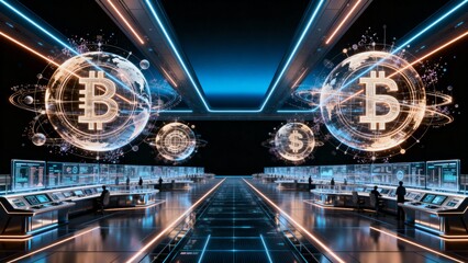 floating chrome currency symbols (USD, EUR, BTC, JPY) with intense neon blue–cyan rim lights