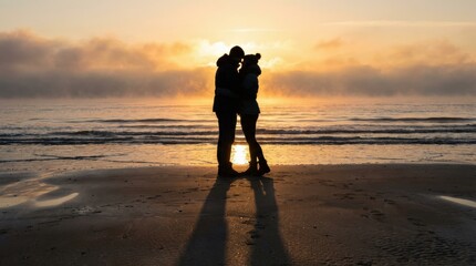 honeymoon travel, silhouette of romantic couple concept. Couple embracing at sunset on a beach with calm waves and a moody sky.