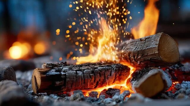 Ignited Bonfire with Sparkling Embers: Flames dance around logs, casting a warm glow and sparking embers in this captivating campfire scene. Capturing warmth, comfort, and the rustic charm of nature