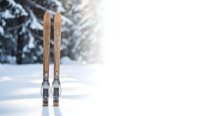Classic wooden skis standing upright in pristine deep snow with bright sunlight in a winter forest for vintage sport concept and nostalgic outdoor adventure with copy space